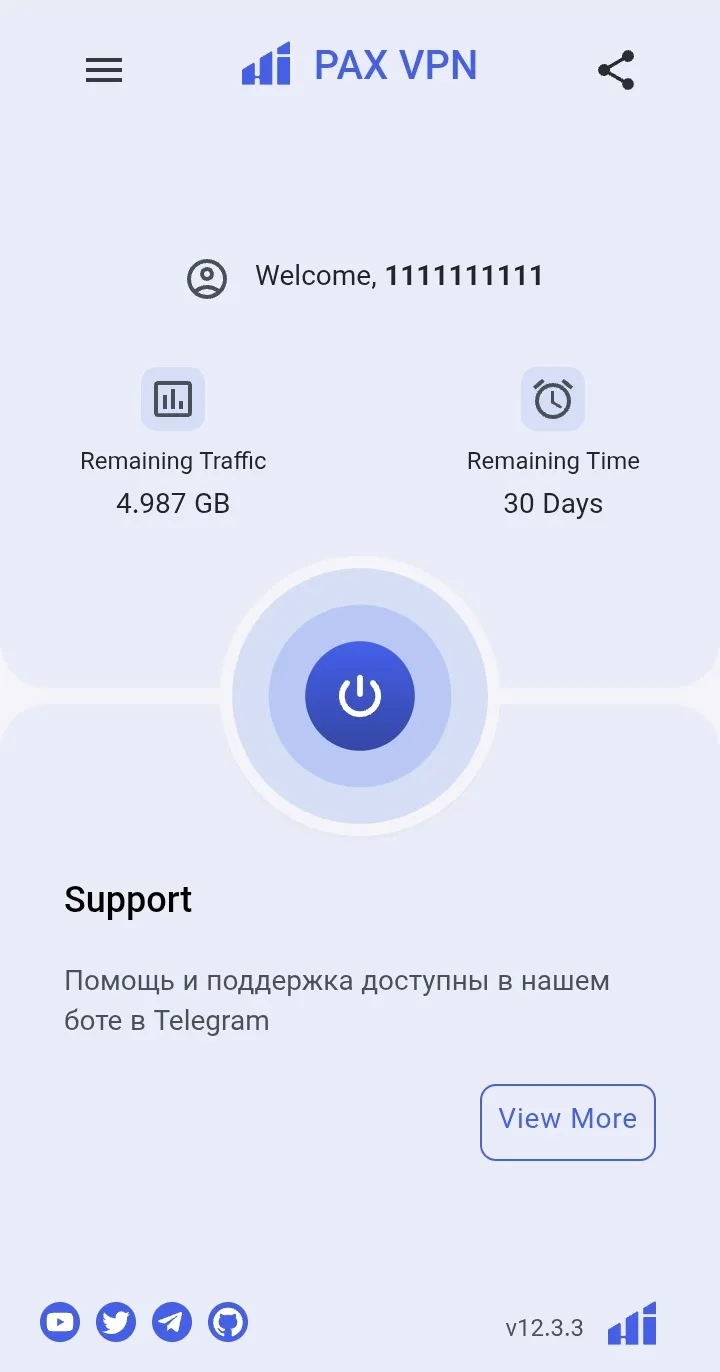 Личная веб-страница подписки PAX VPN с остатком трафика и времени